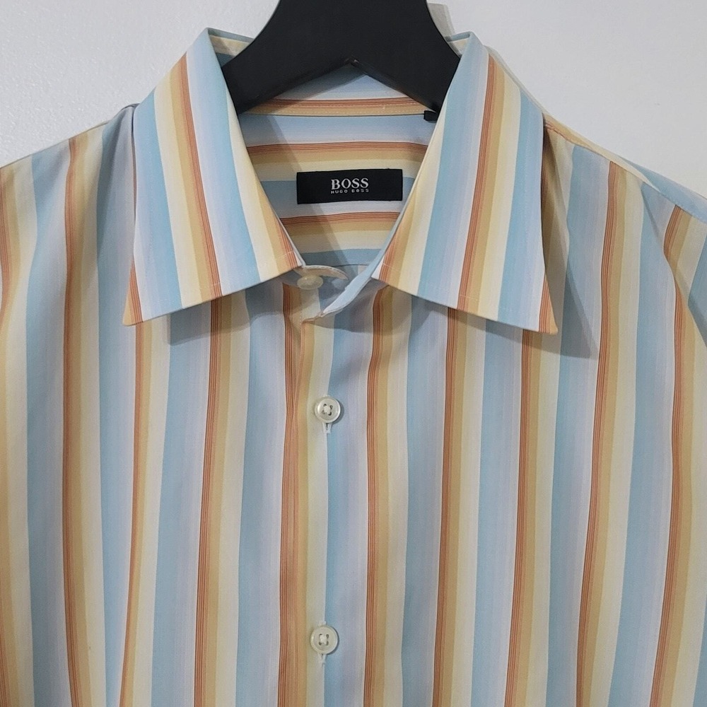 Hugo Boss Dress Shirt 15 Striped Long Sleeve Multicolor Button Up Cotton‎ Preppy